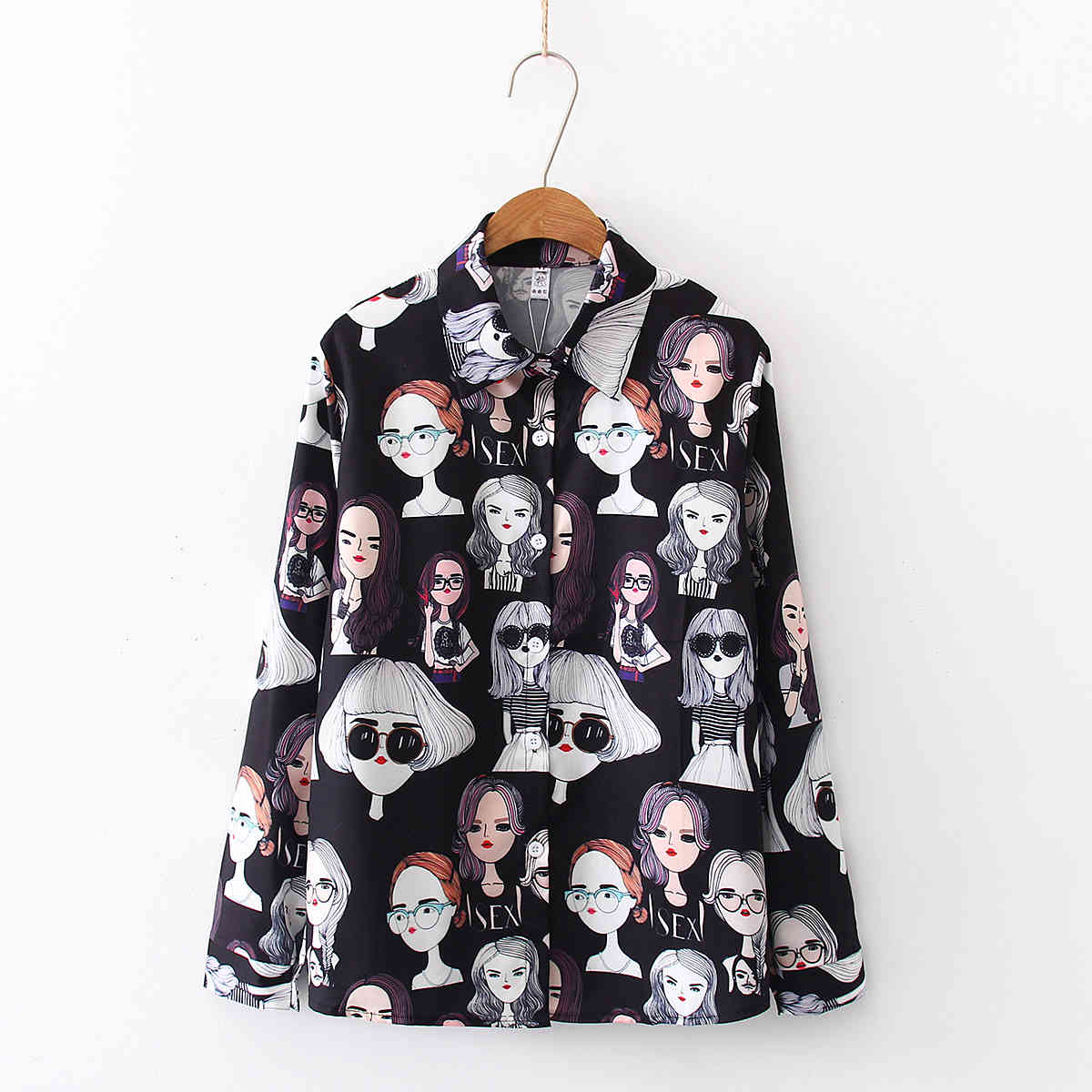Loose Blouses Cute Cartoon Shirts Women Tops Korean Style Vintage Beauty Print Long Sleeve Blouse POLO Collar Shirt 6712 50 210508