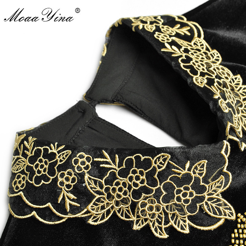 Fashion dress Spring Autumn Women Dress Long sleeve Gold Line Embroidery drilling Black lace-up Velvet Dresses 210524