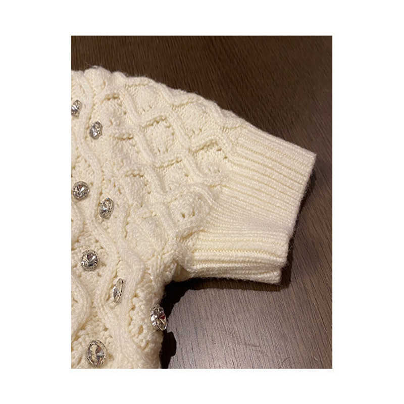 Fashion O Neck Short Sleeve Solid Diamond Knit Sweater Shine Cardigan Spring Summer Women High Quality Sweet Knitted Top 210918