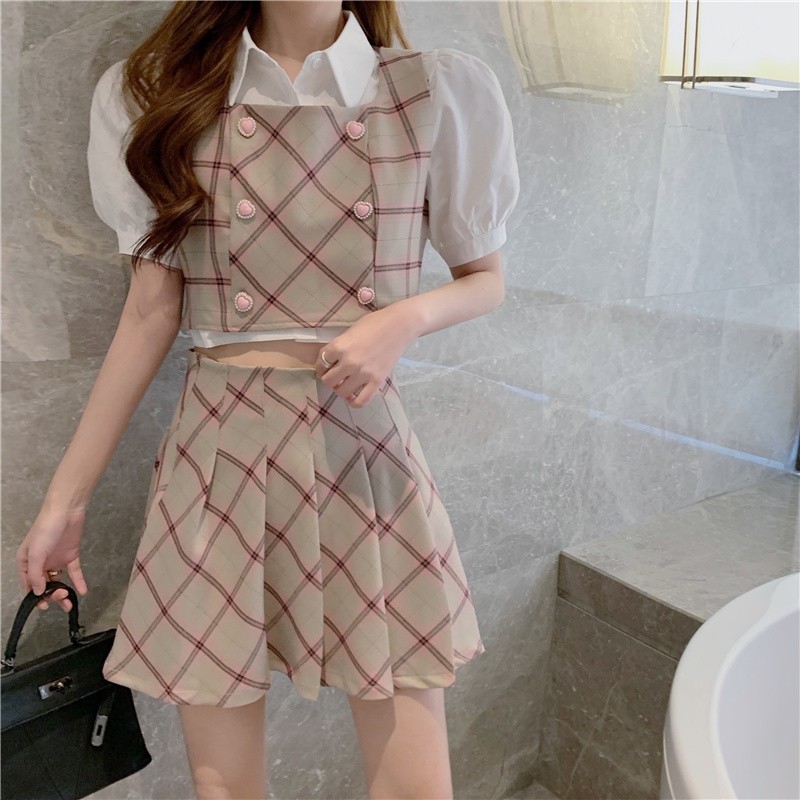 Summer 3 Piece Set Women Sweet White Puff Sleeve Short Shirt + Plaid Double Breasted Vest High Waist Pleated Mini Skirts 210519