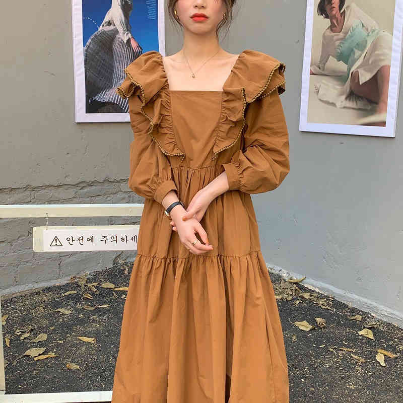 Nomikuma Korean Sweet Double Ruffle Dresses Vintage Square Collar Puff Long Sleeve Vestidos Spring New Women Dress 6E196 210427