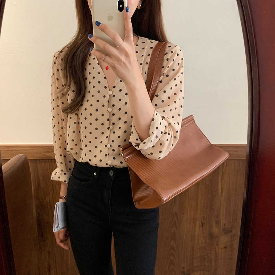 Women Long Sleeve Shirts Fashion Polka Dot Chiffon Shirt Womens Tops Blouses OL Transparent Blusa Mujer White Blouse 210601