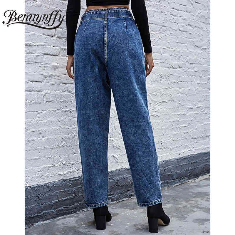 Autumn winter Vintage Pocket High Waist Jeans Woman Casual Fashion Straight Denim Pants Women Cotton Belted Mom 210510