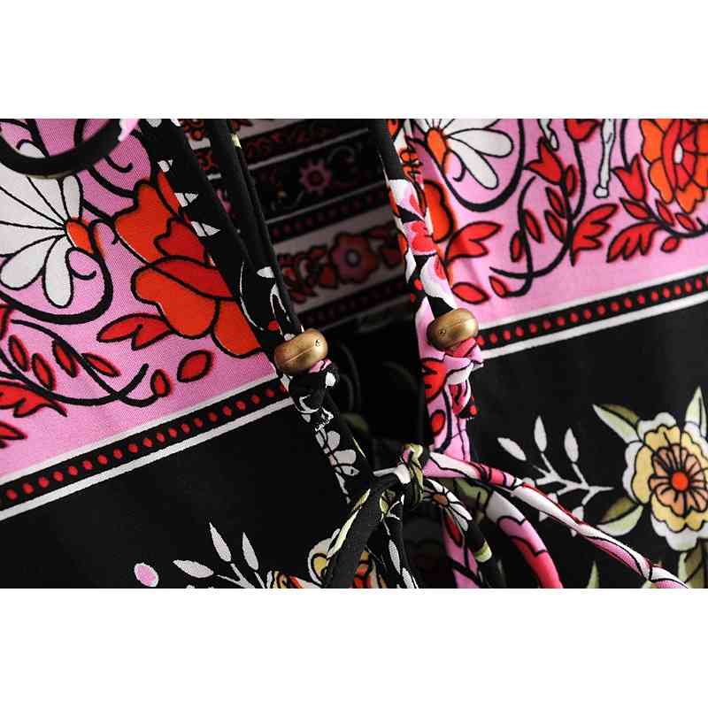 Holiday Bandage Lacing up Collar Contrast color Flower Print Dress BOHO Woman Long Sleeve Maxi Bohemian Dresses Beach 210429