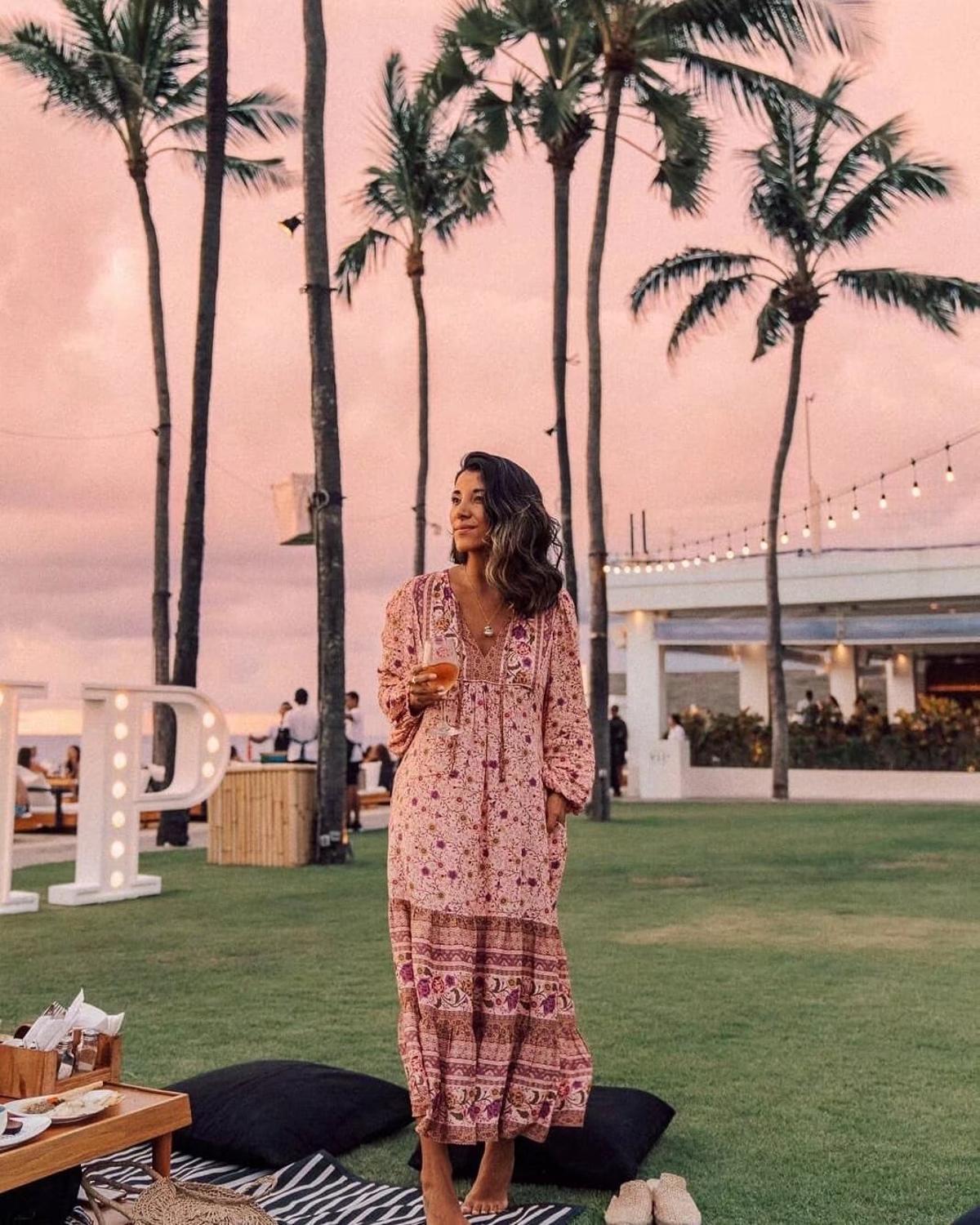 BOHO Lacing up V neck Pink Floral Print Long Sleeve Dress Holiday Women Spliced Pleated Hem Maxi Dresses Beach Vestido 210429