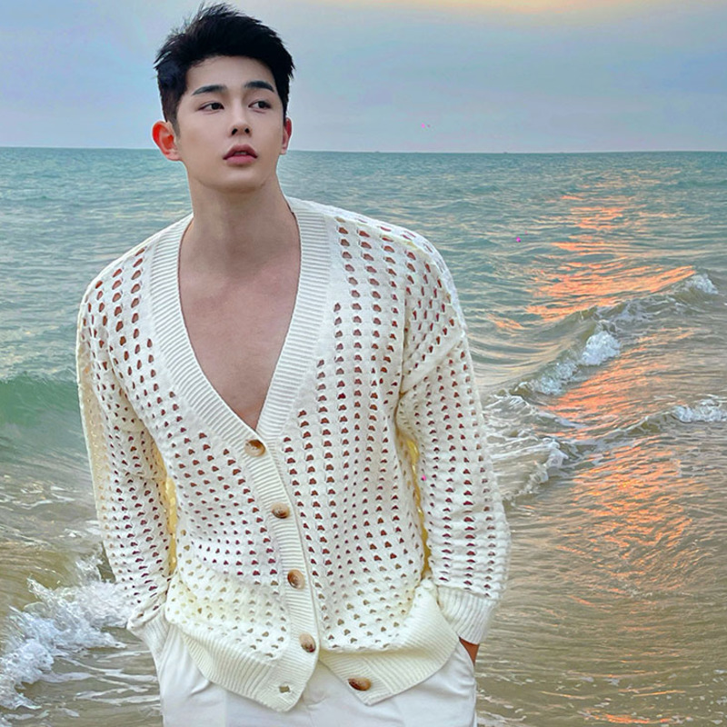 IEFB Men's Thin Hollow Out Sweater Cardigan Coat Man Women Korean Spring Summer Streetwear Vintage Knitwear V-neck Tops 210524