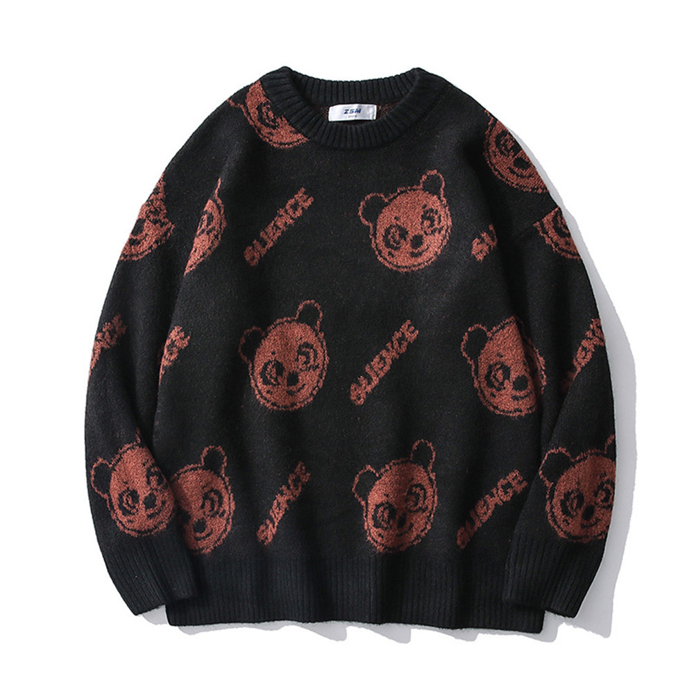sweater knit cartoon bear jacquard men's street trend loose round neck bf lazy fashion brand pullover, White;black
sweater knit cartoon bear jacquard men's street trend loose round neck bf lazy fashion brand pullover, White;black