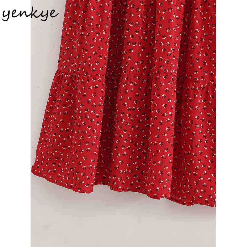 Summer Women Floral Print Red Dress Female Short Sleeve O Neck Robe Slim Casual Long 210430