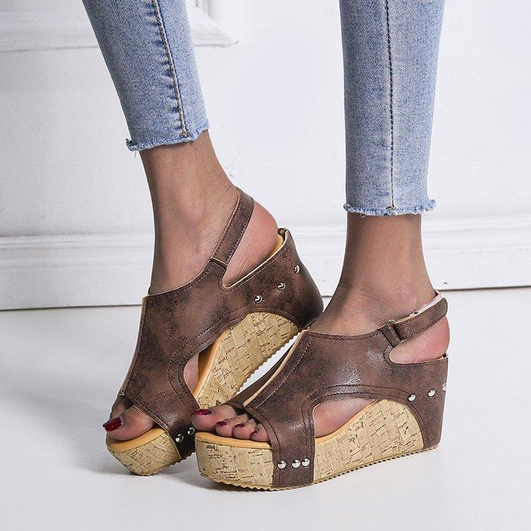 Women Sandals 2021 Platform Wedges Shoes For Heels Sandalias Mujer Summer Pu Leather Wedge, Black