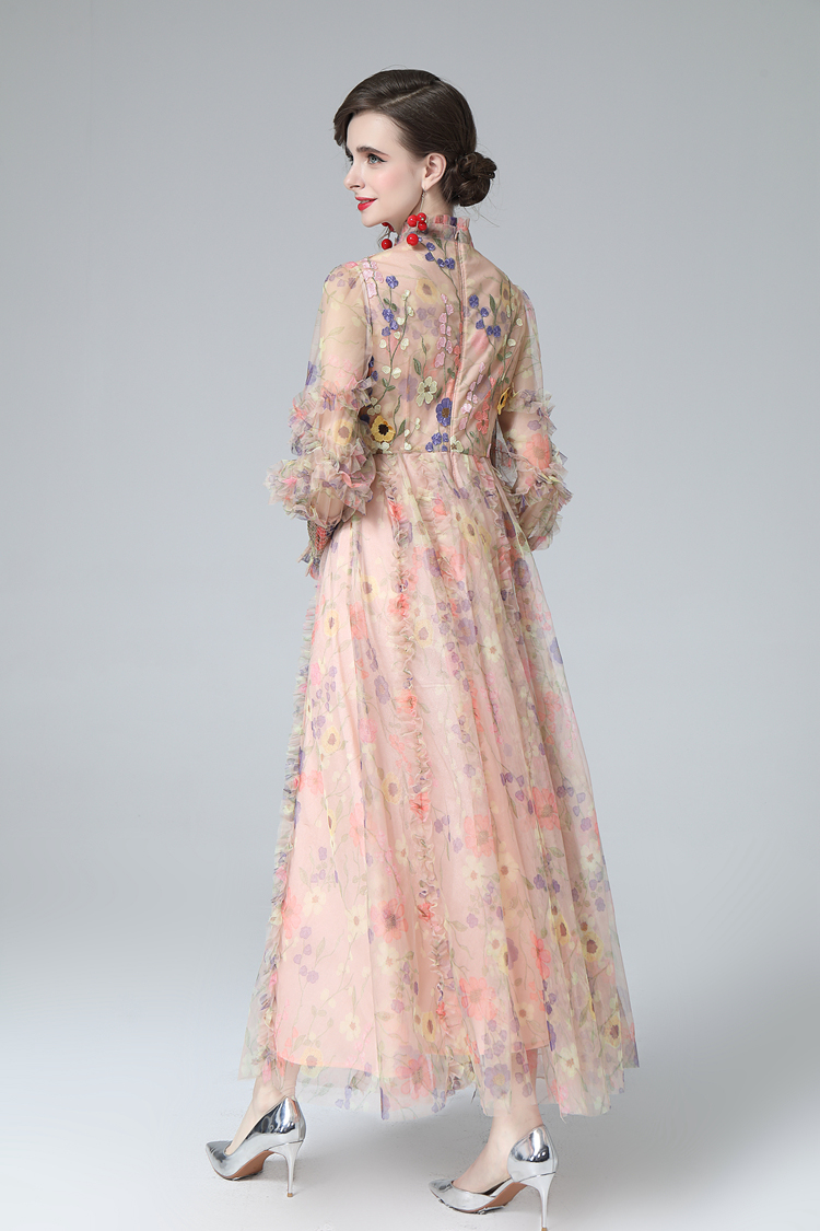 Women's Runway Dress Stand Collar Long Lantern Sleeves Printed Ruffles Elegant Fashion Party Prom Gown