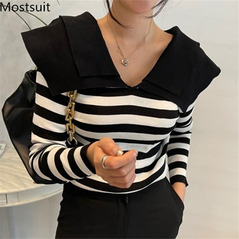 Striped Knitted Double-layer Collar Sweater Pullover Women Spring Full Sleeve Korean Elegant Female Jumpers Tops Femme 210518, Black
Striped Knitted Double-layer Collar Sweater Pullover Women Spring Full Sleeve Korean Elegant Female Jumpers Tops Femme 210518, Black