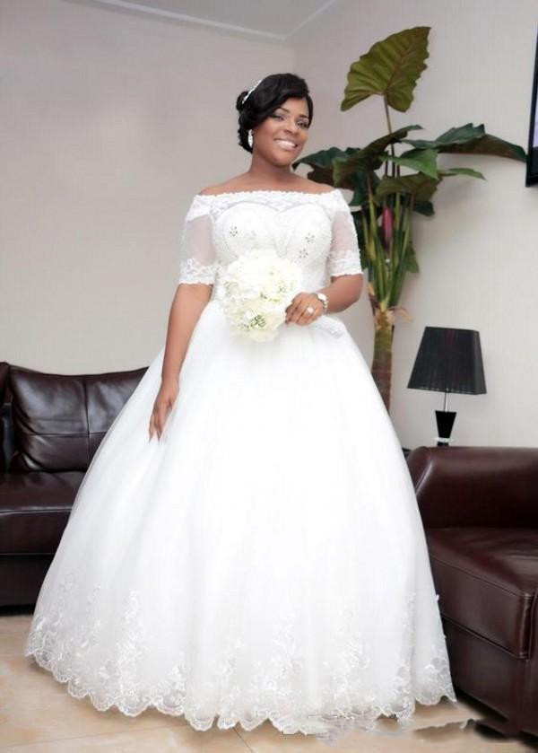 PLUS Taille Robes De Mariée Africaine Manches courtes de l'épaule Corsage A Ligne Boule Robe à lacets Blanc Tulle Blanc Longueur Robes de mariée