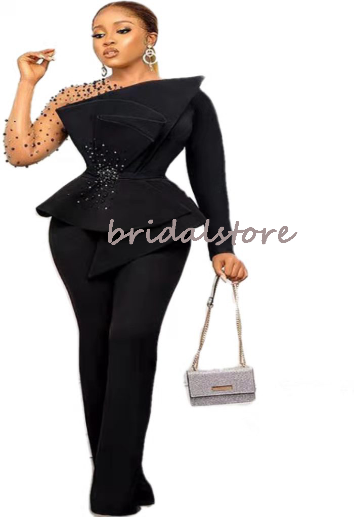 Chic African Black Aso Ebi Prom Dresses 2022 With Beaded Long Sleeve Plus Size Evening Dress Jumpsuit Dinner Party Wear Satin Outfit Pant Special Occa