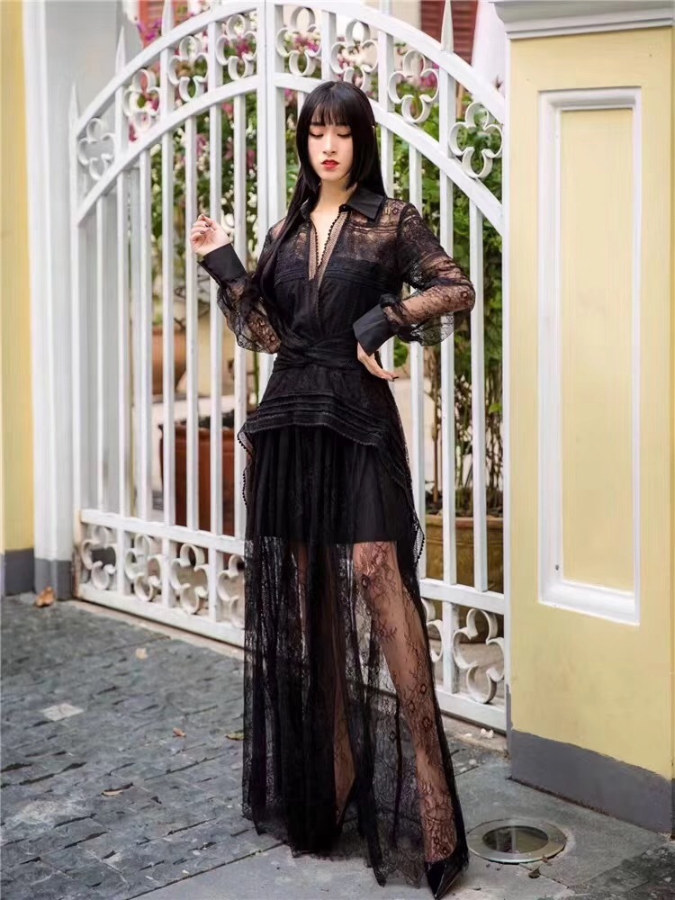 vintage black gothic styleelegant lace maxi dress party dinner hollow out long dresses women vestidos French Paris 210421
