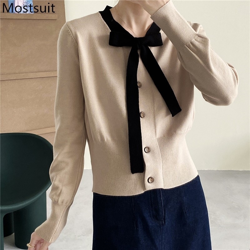 Korean Knitted Bow Cardigans Sweaters Women Autumn Winter Long Sleeve Single Breasted Tops Fashion Solid Vintage Jumpers 210514