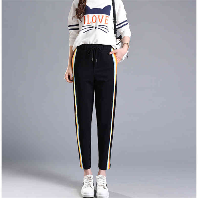 Spring Summer Women Casual Sweatpants Rainbow Striped Printed Side Pant Ladies Loose Trousers Joggers Sweat Pants Plus Size 210426