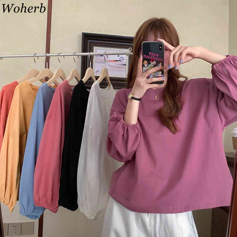Long Lantern Sleeve T -shirt Women Crew Neck Causal Solid Shirts Spring Summer All Match Basic ops ee Femme 210519