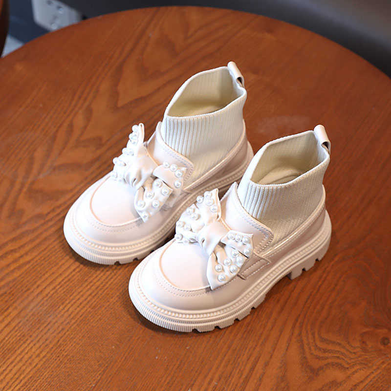 Kids Slip-on Shoes Girl Knit Ankle Patent Leather Boots Pearl Bowknot 2021 Child School Uniform Dress Thick Bottom Shoe 26-36 L260122