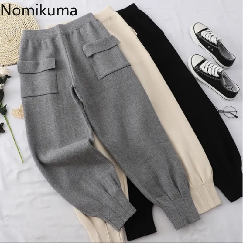 Nomikuma Spring Autumn Knitted Harem Pants Korean Double Pockets Solid Causal Ankle Trousers New Women Sweater Pants 6E258 210427