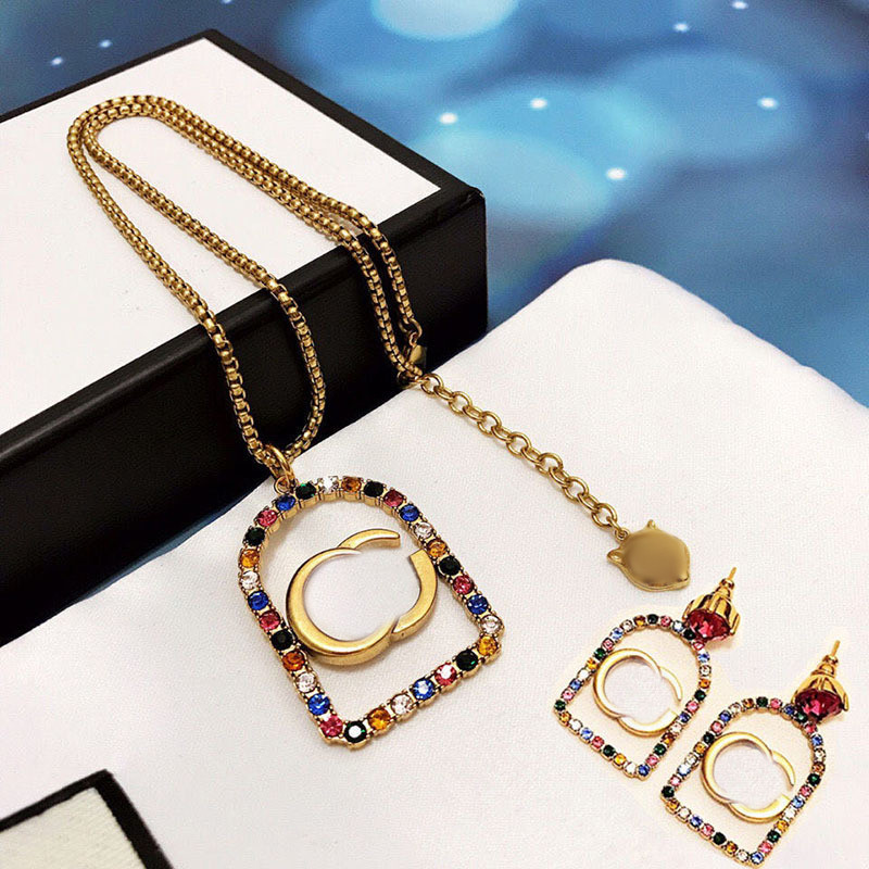 Vintage Color Diamond Necklace Earrings Double Letter Pendant Earrings Colored Crystal Eardrop Jewelry Sets Wholesale, As pic
Vintage Color Diamond Necklace Earrings Double Letter Pendant Earrings Colored Crystal Eardrop Jewelry Sets Wholesale, As pic