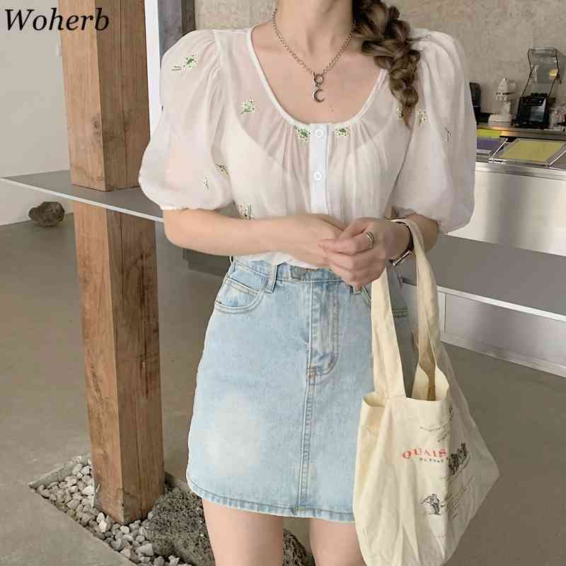 Korean Blouse Women Summer Embroidery Floral Hollow Out Shirt Puff Sleeve See Through Chic Elegant White Top 210519