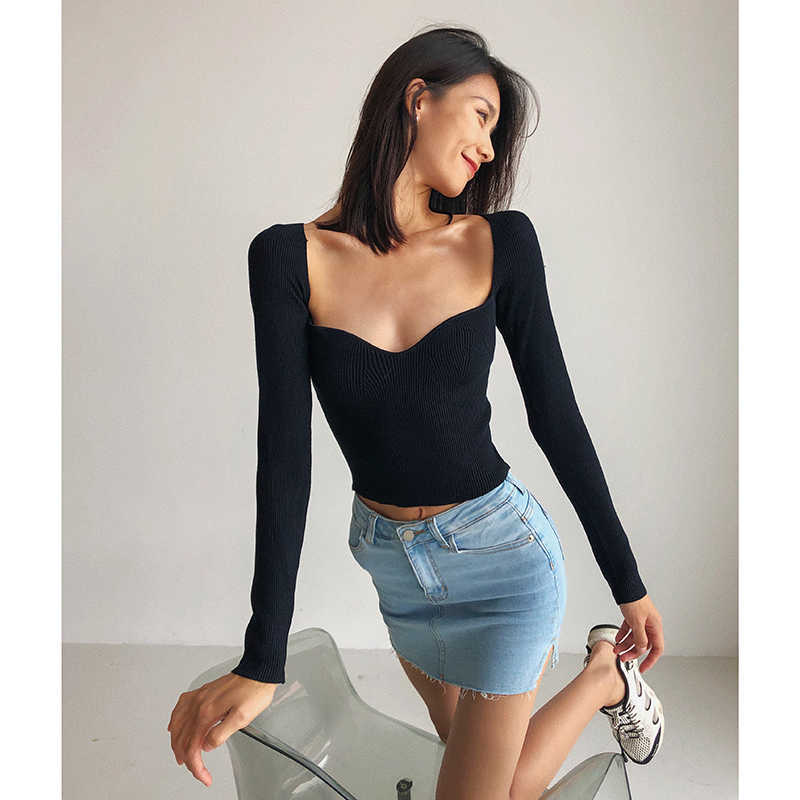 Autumn Knitted Sweaters Women Low-Cut V-Neck Cropped Sexy Bottoming Slim Fit Pullovers Solid Knitwear Female Jumper 211007