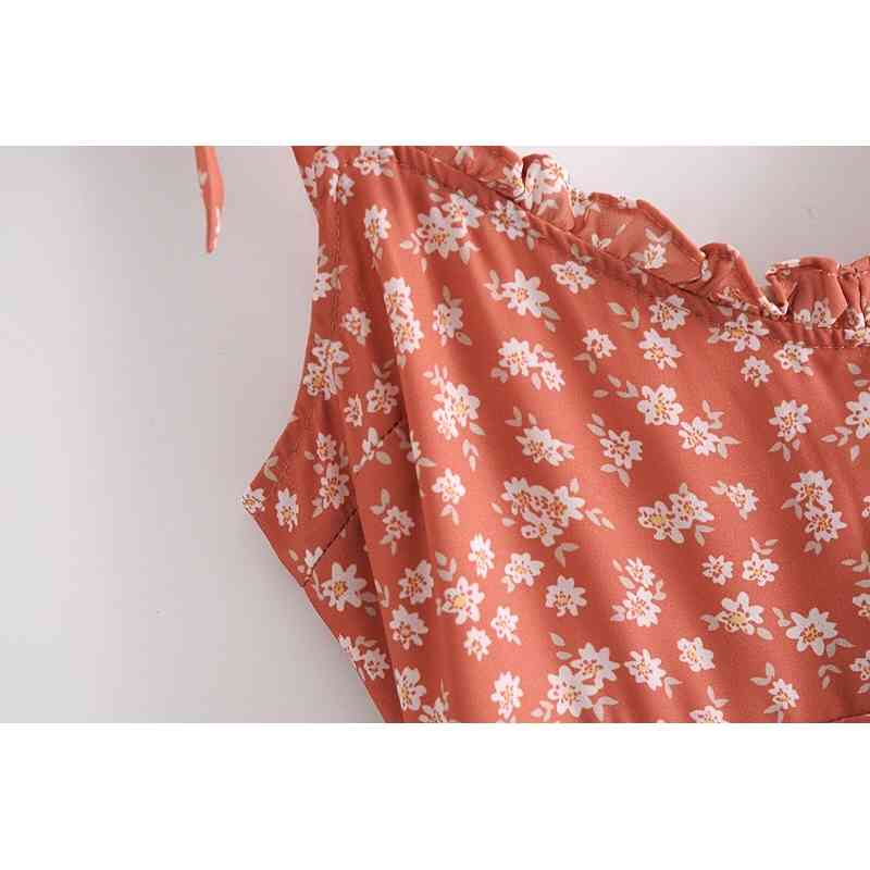 Vintage French Floral Print Hem Split Midi Tank Dress Sexy Women Spliced Wood ears Adjust Tie Bow Strap Dresses Vestido 210429