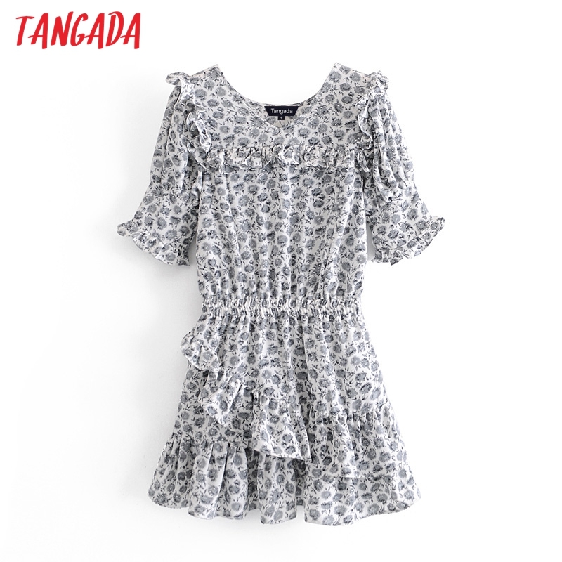 Summer Women Flowers Ruffles Short Sleeve Ladies Mini Dress Vestidos 4D5 210416