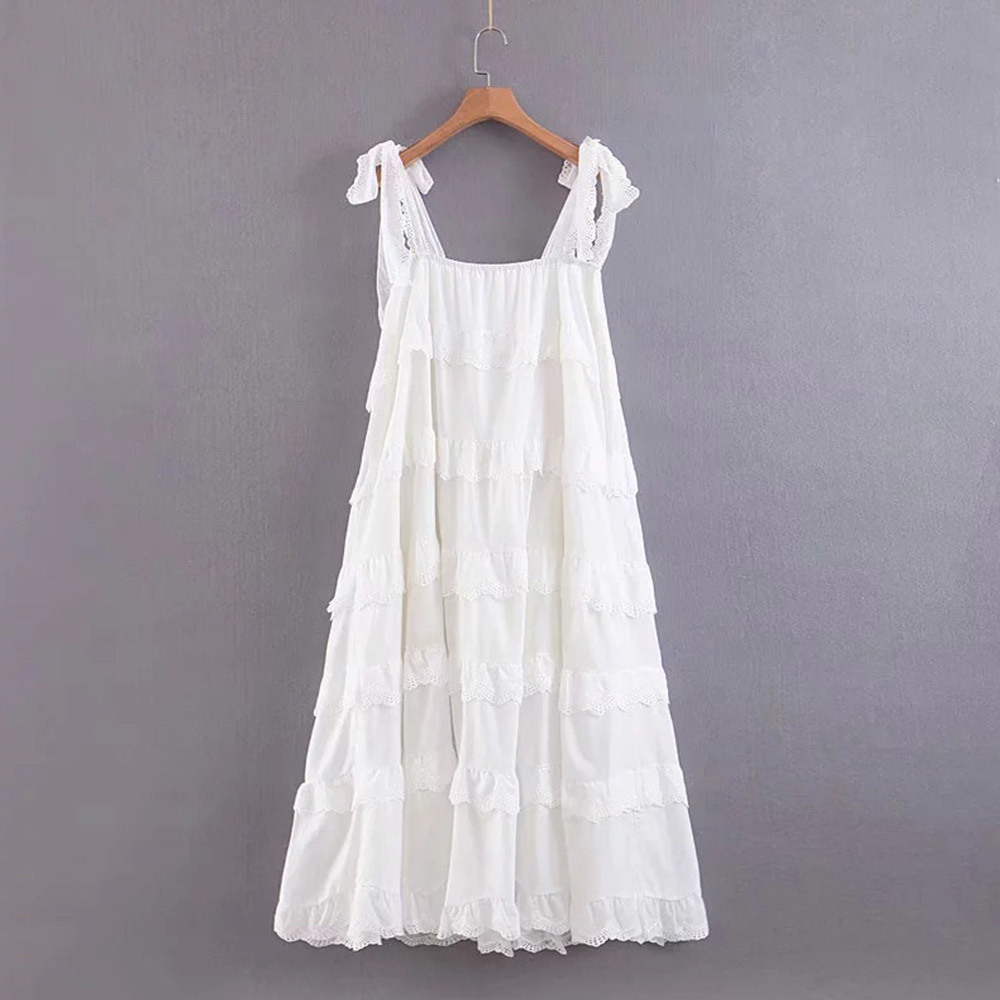 Women Vintage White Maxi Long Dress Elegant Strap Cascading Backless Ruffle Loose Midi Dress Casual Sweet Lace Vestidos 210518