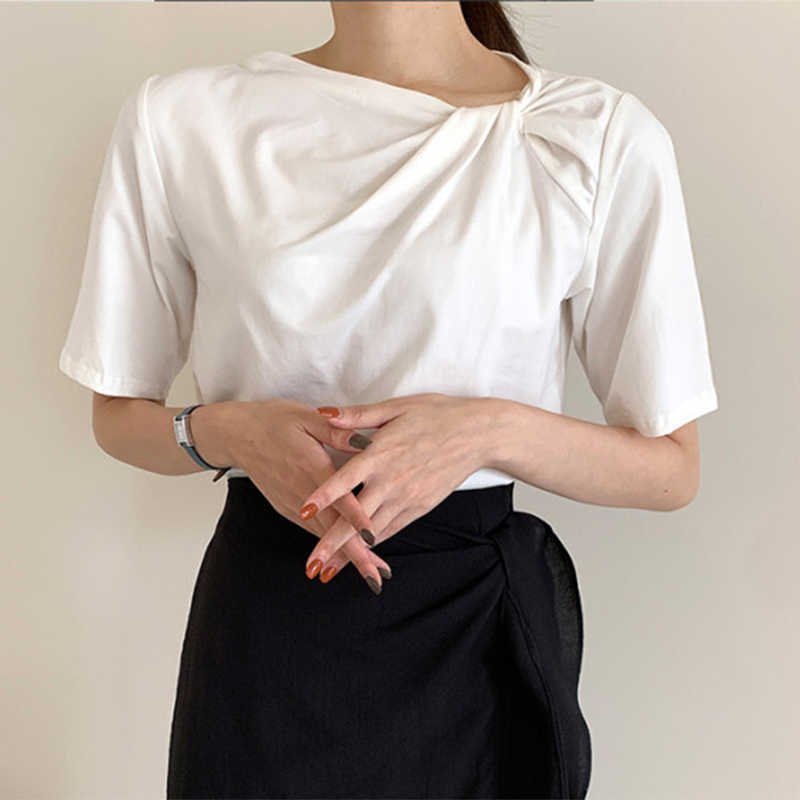 Korejpaa Women T-shirt Summer Korean Fashion Elegant Casual Irregular Round Collar Kink Casual Short-sleeved Tee Top Woman 210526
