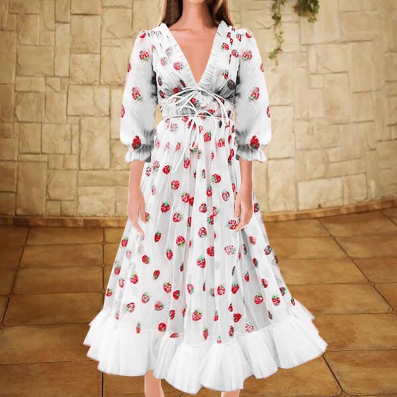 Fashion Women Casual Sexy Strawberry Sweet Dresses Mesh Yarn V-neck Pleated 2021 Sell Ladies Autumn Dresses#D3