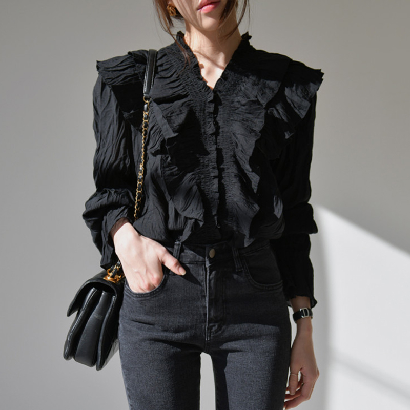 Puffed Long Sleeve Woman's Shirts Korean Clothes Ruffled V-neck Blouses Solid Color Overalls for Women 10573 210518