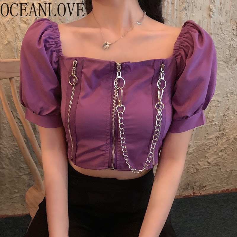summer streetwear t shirt women zipper chains fashion short sexy ropa mujer puff sleeve t-shirt retro tops 17334 210415