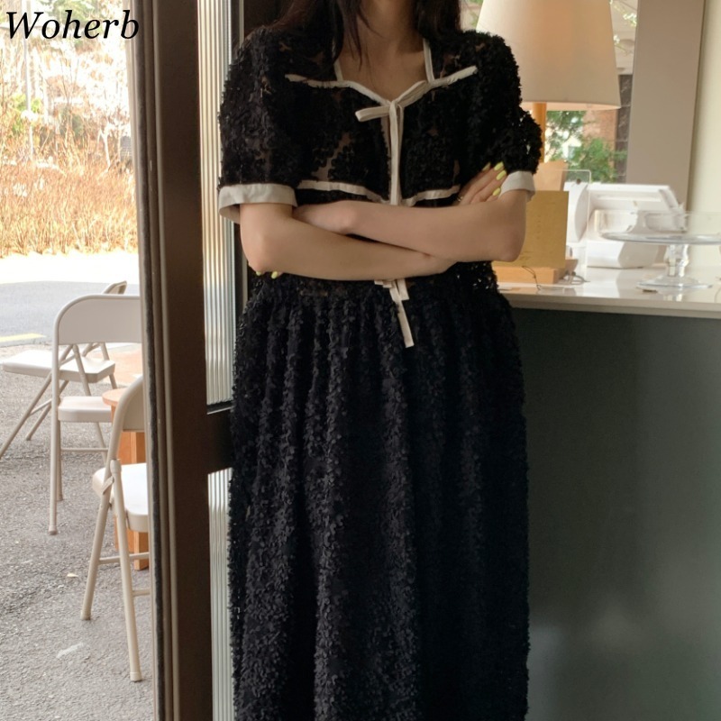 Square Collar Vintage Dress Women Summer Korean Robe Crochet Floral Lace Up Vestidos Mujer Chic Elegant Maxi Dresses 210519