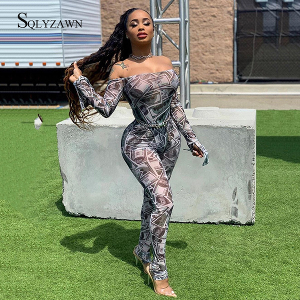 Sexy Transparent Money Print Bodycon 2 Piece Set Off Shoulder Bodysuit + Pants Gothic Party Club Dollar Pattern Suit Plus Size Y0625