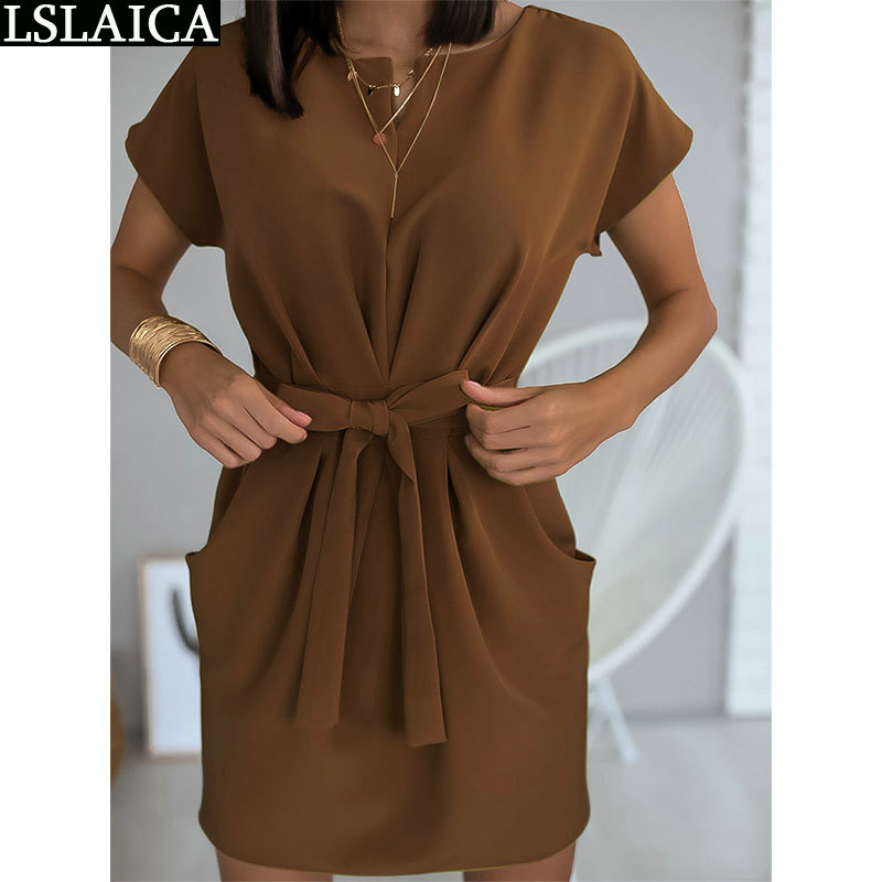 Dress For Women Short Sleeve Solid Color High Waist Draped Criss-Cross Bandage Bow es Sukienki Letnie 210520