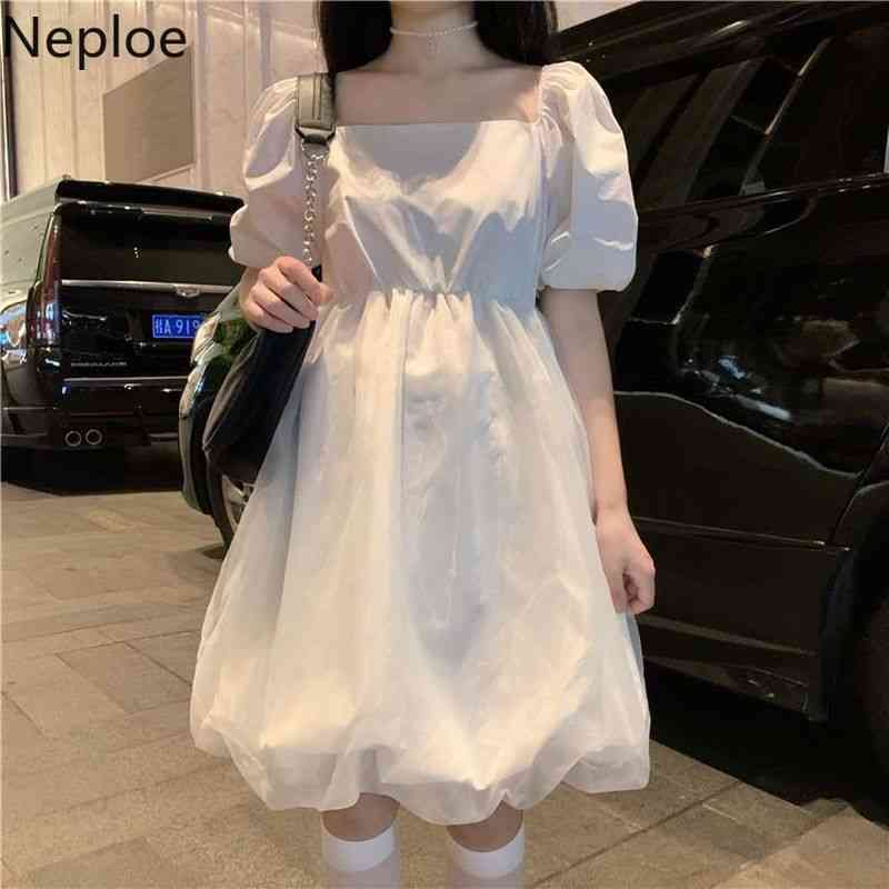 Neploe White Gauze Dress Women Lolita Puff Sleeve Kawaii Cute High Waist Dresses Fashion Korean Streetwear Slim Vestidos 210422