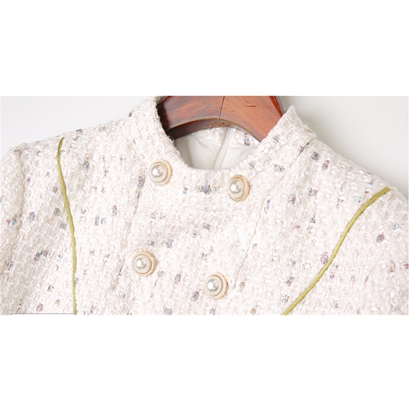 Vintage Tweed Woolen Winter Dresses Women Long Sleeve White Double-Breasted Fashion Clothes Vestidos 210520