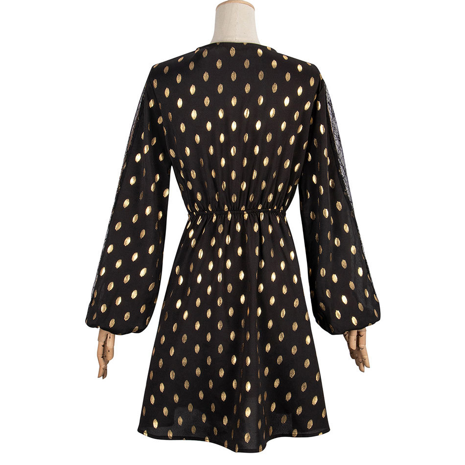 Free Women Polka Dot Mesh Dress Black Sexy V-neck Lantern Sleeve Draped A-line Club Party Vestidos 210524