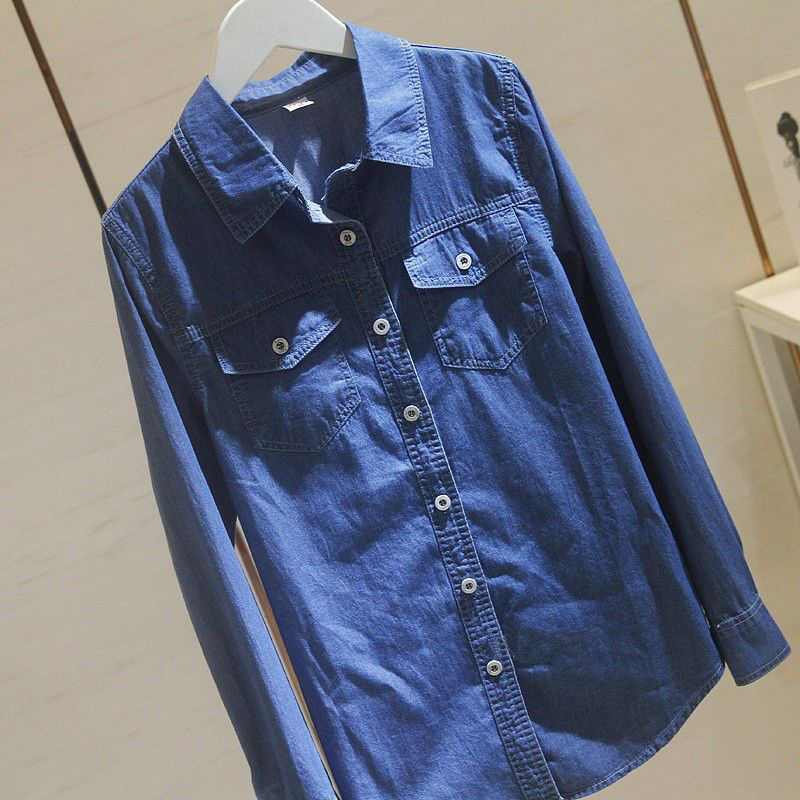 Spring Autumn Korea Fashion Women Long Sleeve Turn-down Collar Shirts Double Pocket Cotton Denim Casual Blue Blouse S304 210512