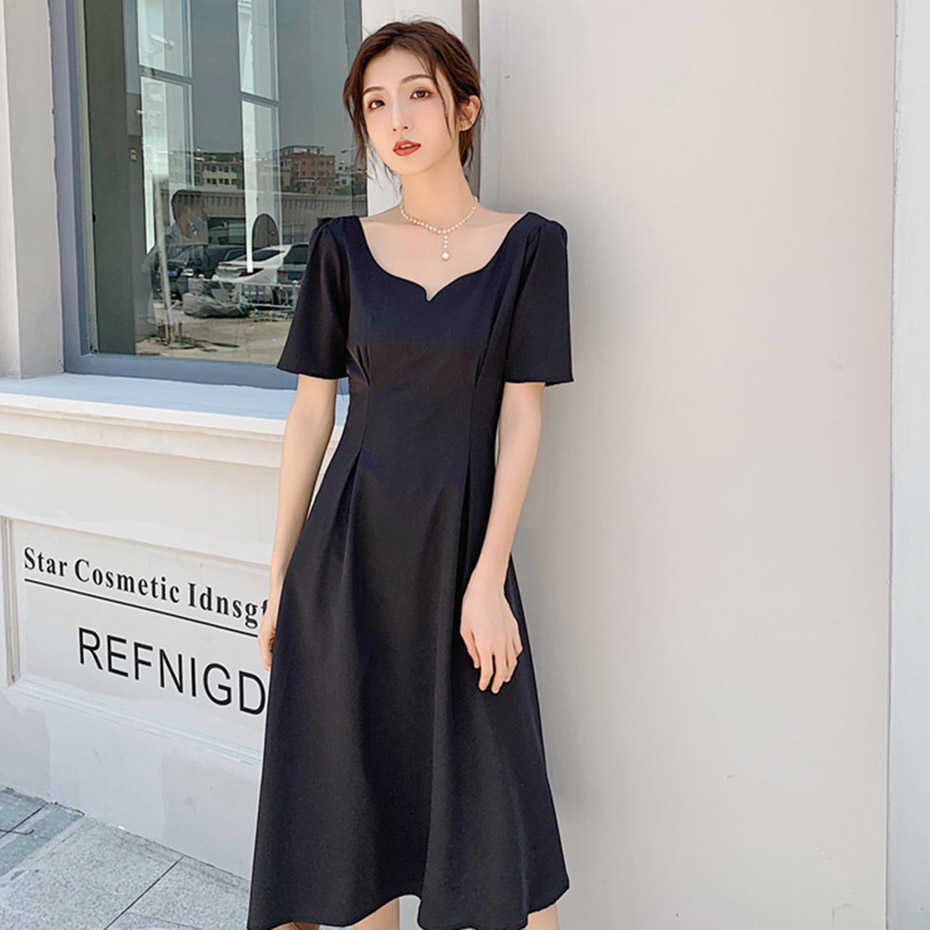 Minimalist White Tea Break Dress French High Waist Drape V-Neck Elegant Black Party Temperament Women Summer 210601
