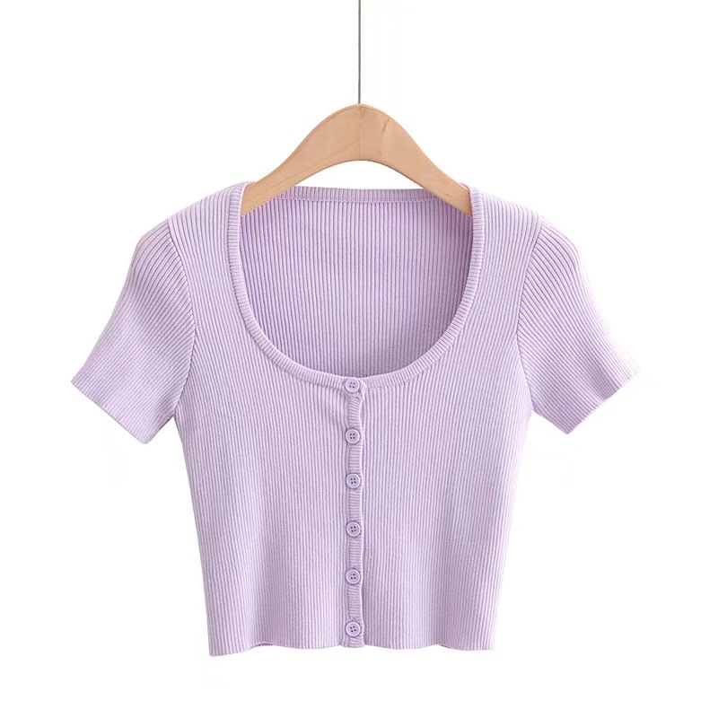 AA Single breasted Buttons O neck Short sleeve Sweater Women Knitted Tight Cardigan Front Slit Slim Cropped 6 color 210429