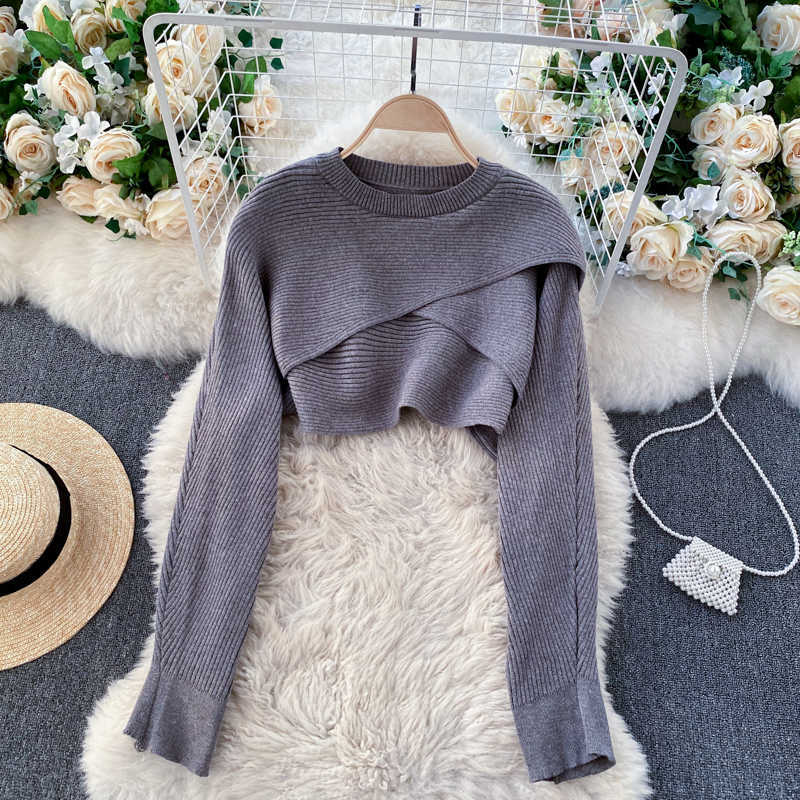Women Chic 2 Pieces Set Solid Long Sleeve Cropped Knit Pullover Sweater and Strap Drawstring Mini Bodycon Dress Suits 210603