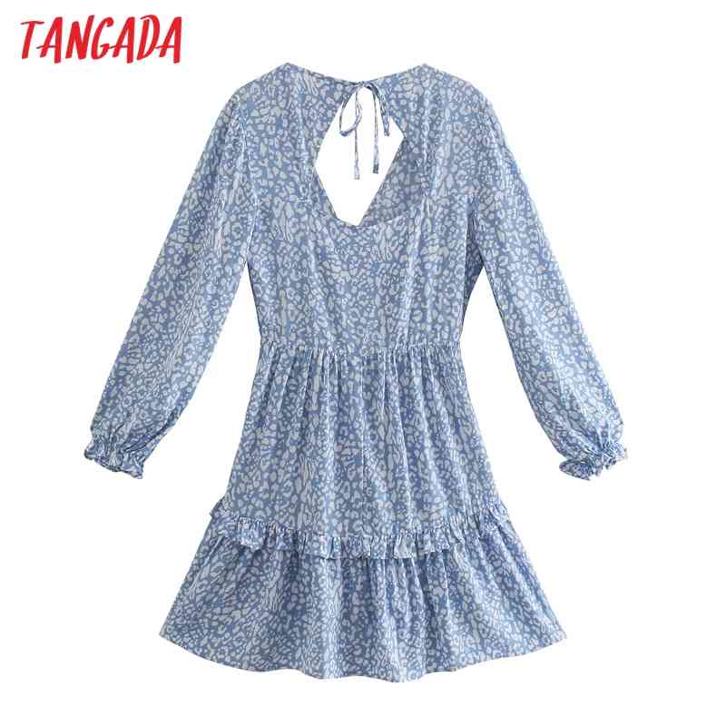 Summer Women Blue Leopard Print Ruffles Backless Long Sleeve Ladies Mini Dress Vestidos 4N7 210416