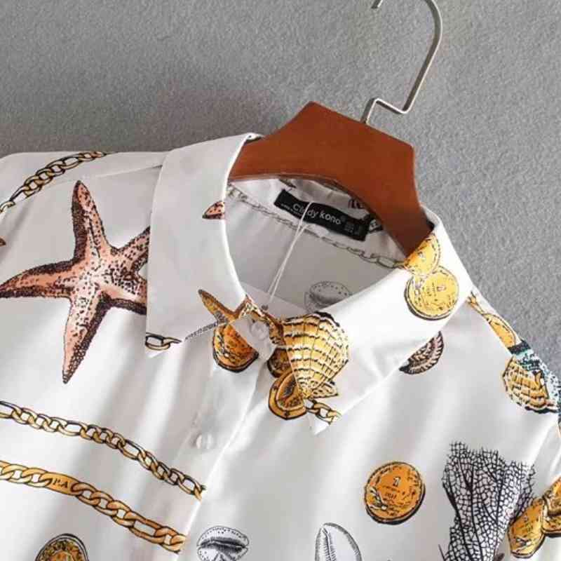 Shell Chain Printing Women Long Sleeve Shirts Autumn Leisure Lady Turndown Collar Blouses Loose Tops S6723 210430