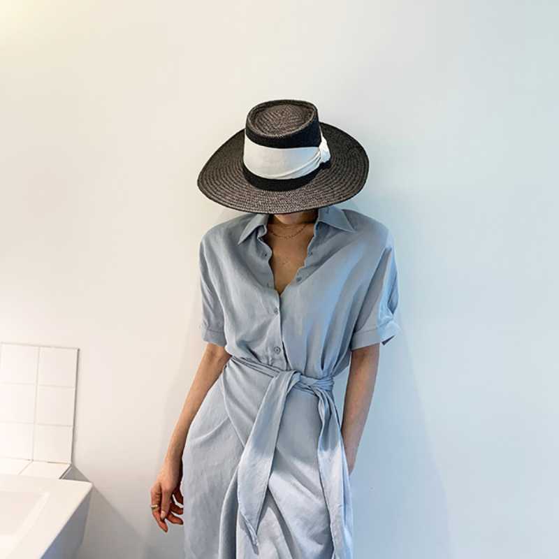 Korejpaa Women Dress Summer Korean Fashion Elegant Commute Solid Lapel Single-breasted Irregularly Tied Loose Shirt Dresses 210526