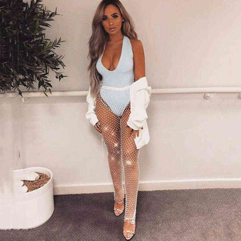 Sexy Tunic Pants Women Diamond Shiny Crystal s Fishnet Long Bottoms Mesh Hollow Out Transparent Club Party Trousers 211115