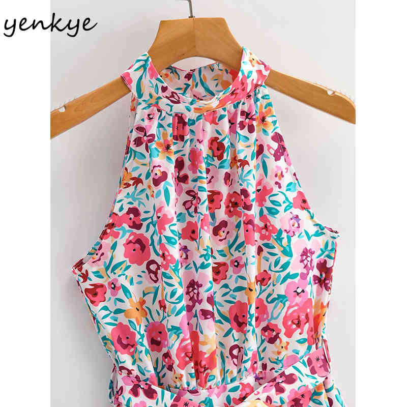 Multicolor Floral Print Halter Dress Women Sexy Sleeveless Sashes A-line Short Vestido Mujer Holiday Summer Beach Dresses 210430