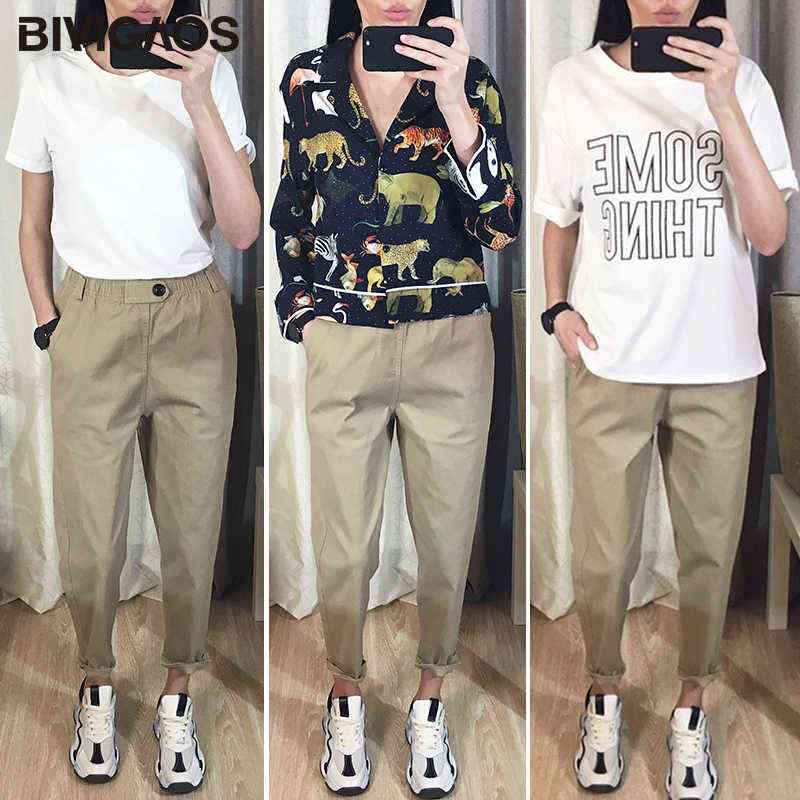 BIVIGAOS Spring Women Clothing Straight Overalls Casual Harem Pants Korean Elastic Waist Triangle Buckle Cargo 211115