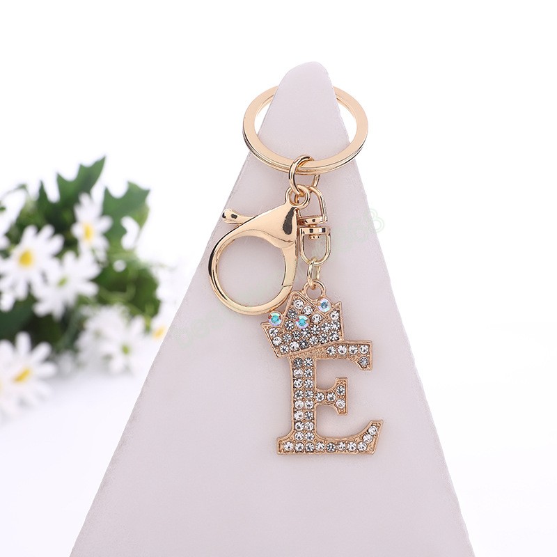 Fashion Shiny Rhinestone Letter Key Rings Gold Color Crown A-Z Initials Keychain Women Bag Hanging Pendant Keyrings